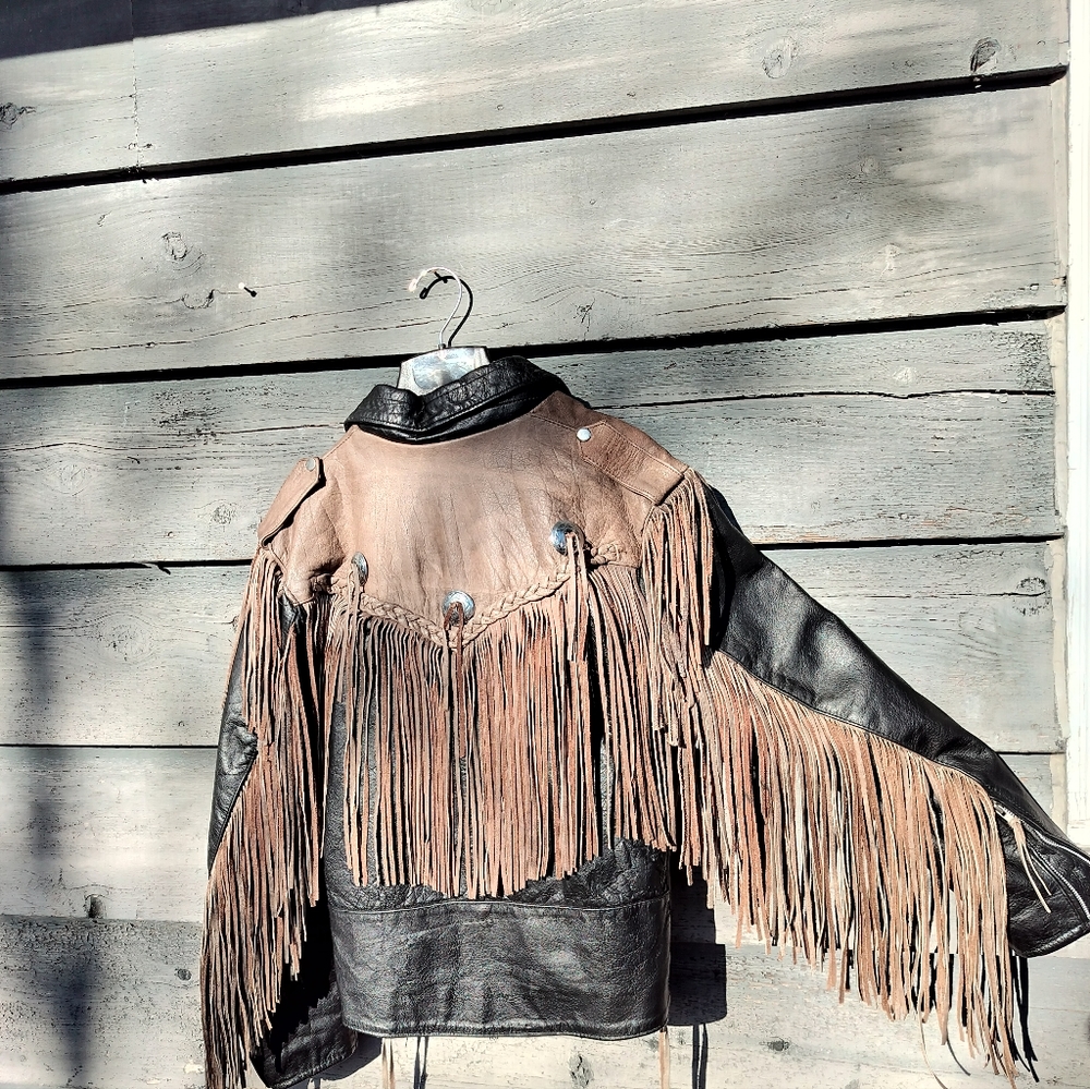 Vintage Unik Leather Fringe Coat Jacket Heavy Alaska L Gem